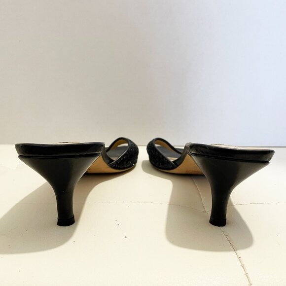 Vintage Isaac Mizrahi Black Open-Toe Mules Heels with Glitter Detail | Size 10B - Picture 5 of 14